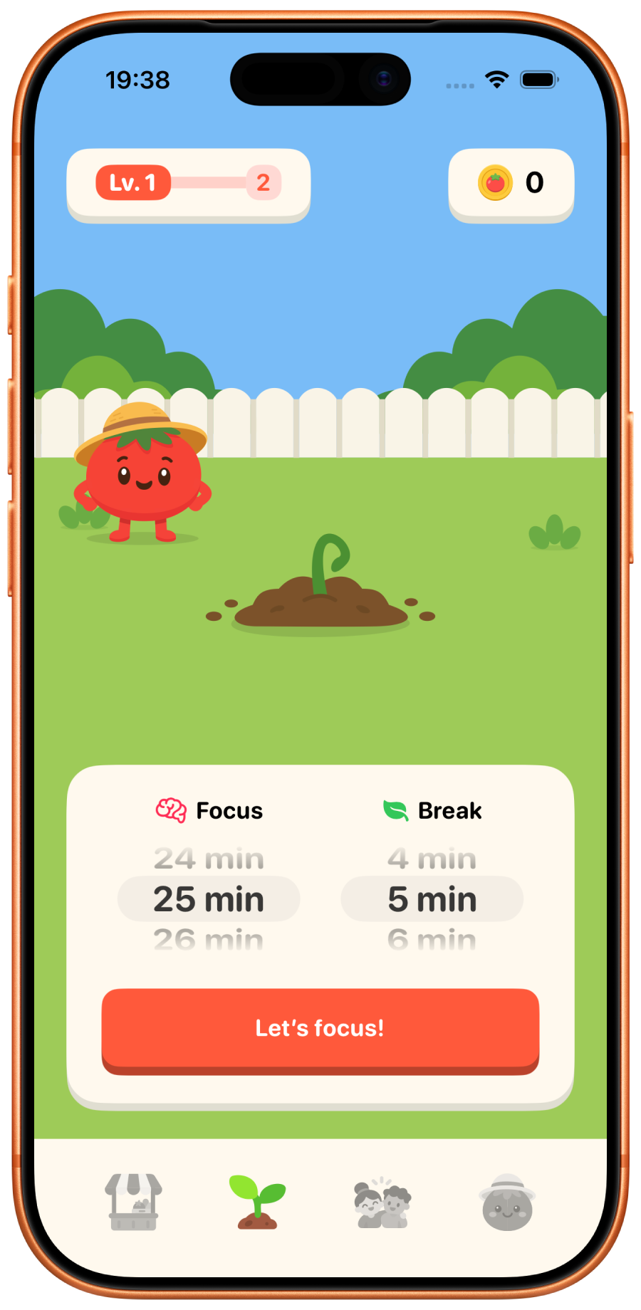 Pommit timer showing a tomato mascot tending a young garden sprout