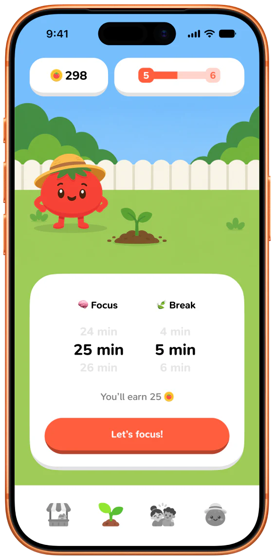 Pommit timer showing a tomato mascot tending a young garden sprout